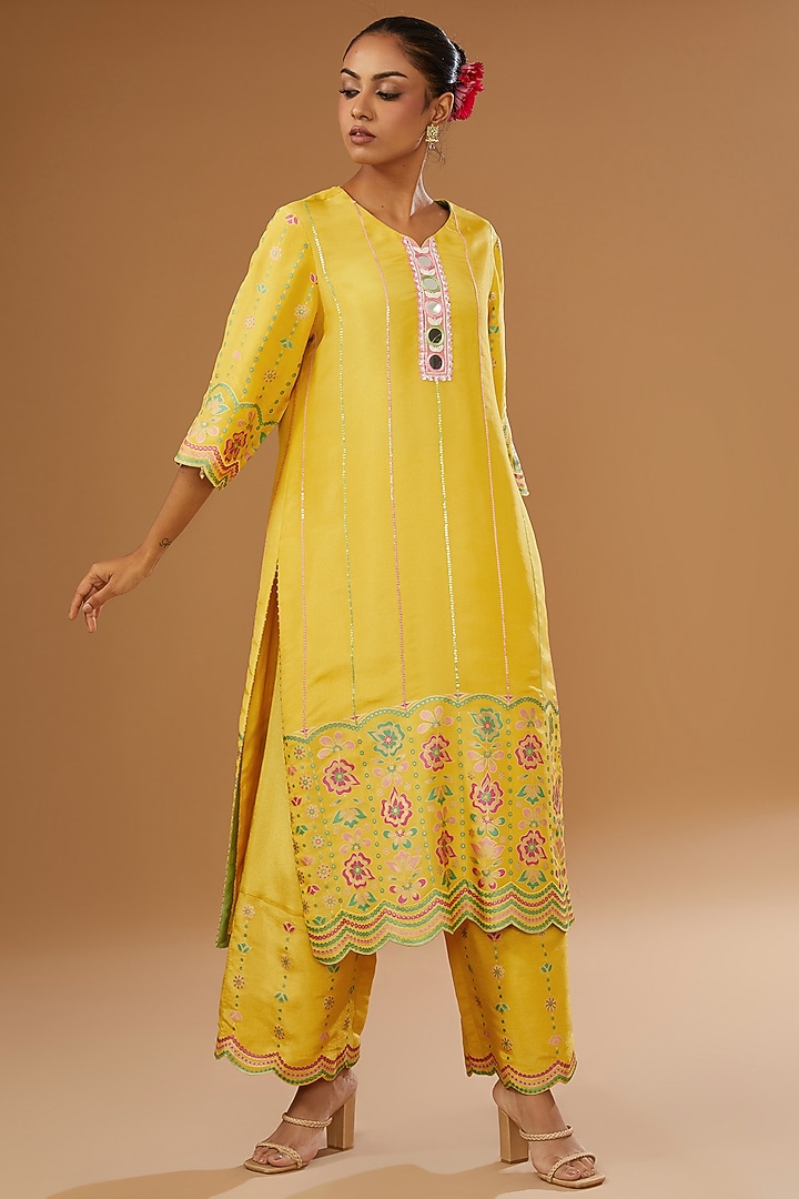 Mustard Silk Zari Blend Embroidered & Floral Hand Printed Kurta Set by I AM DESIGN at Pernia's Pop Up Shop