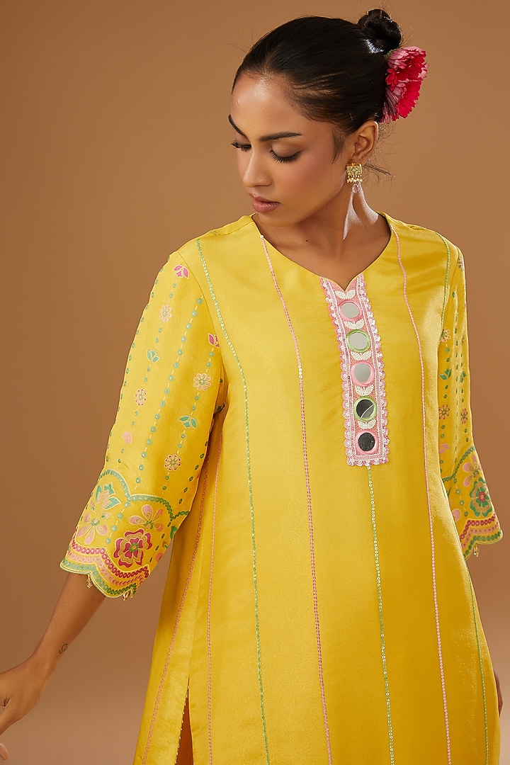 Mustard Silk Zari Blend Embroidered & Floral Hand Printed Kurta Set by I AM DESIGN at Pernia's Pop Up Shop