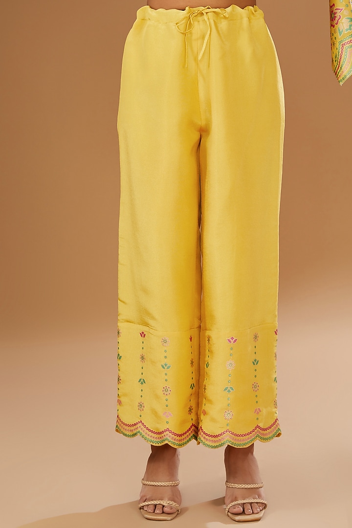 Mustard Silk Floral Hand Printed Kurta Set by I AM DESIGN at Pernia's Pop Up Shop