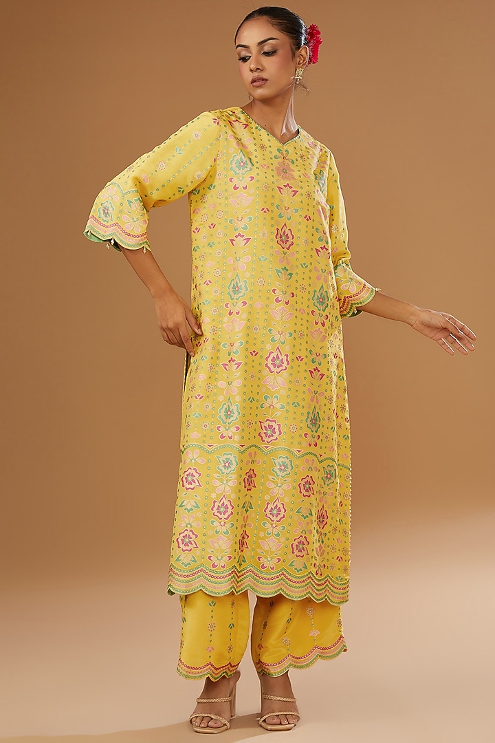 Mustard Silk Floral Hand Printed Kurta Set by I AM DESIGN at Pernia's Pop Up Shop