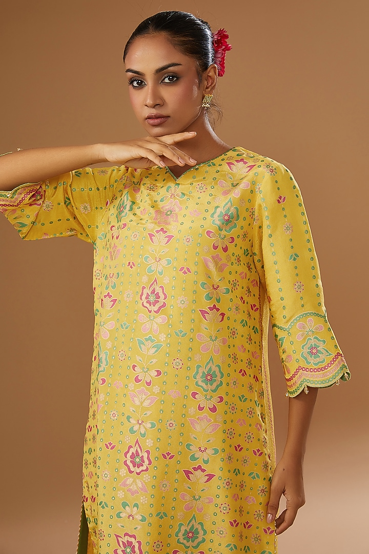 Mustard Silk Floral Hand Printed Kurta Set by I AM DESIGN at Pernia's Pop Up Shop