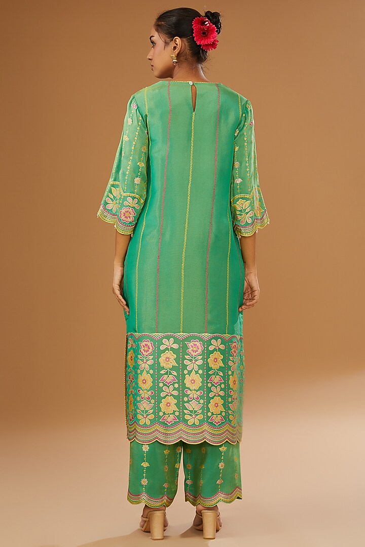 Green Silk Floral Hand Printed Kurta Set by I AM DESIGN at Pernia's Pop Up Shop