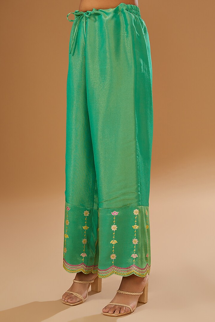 Green Silk Floral Hand Printed Kurta Set by I AM DESIGN at Pernia's Pop Up Shop