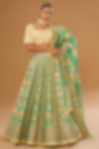 Green Silk Floral Hand Printed Wedding Lehenga Set by I AM DESIGN at Pernia's Pop Up Shop