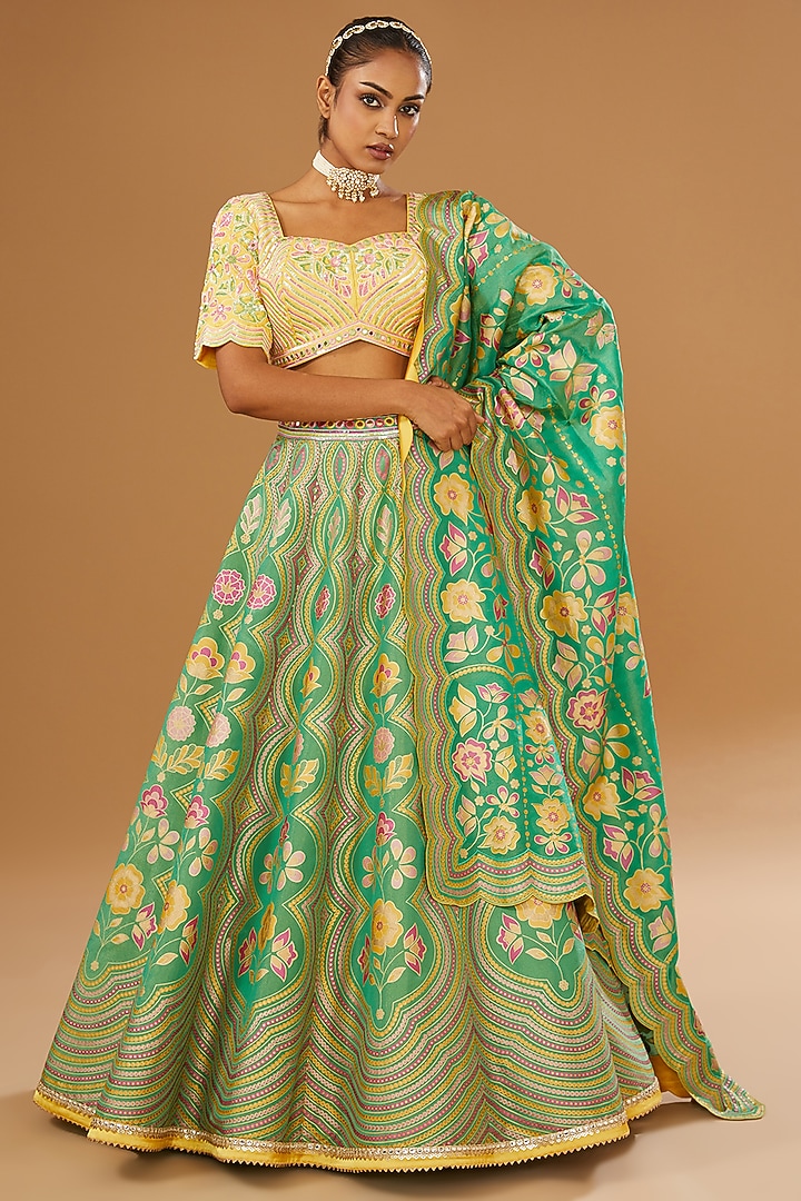 Green Silk Floral Hand Printed Wedding Lehenga Set by I AM DESIGN at Pernia's Pop Up Shop