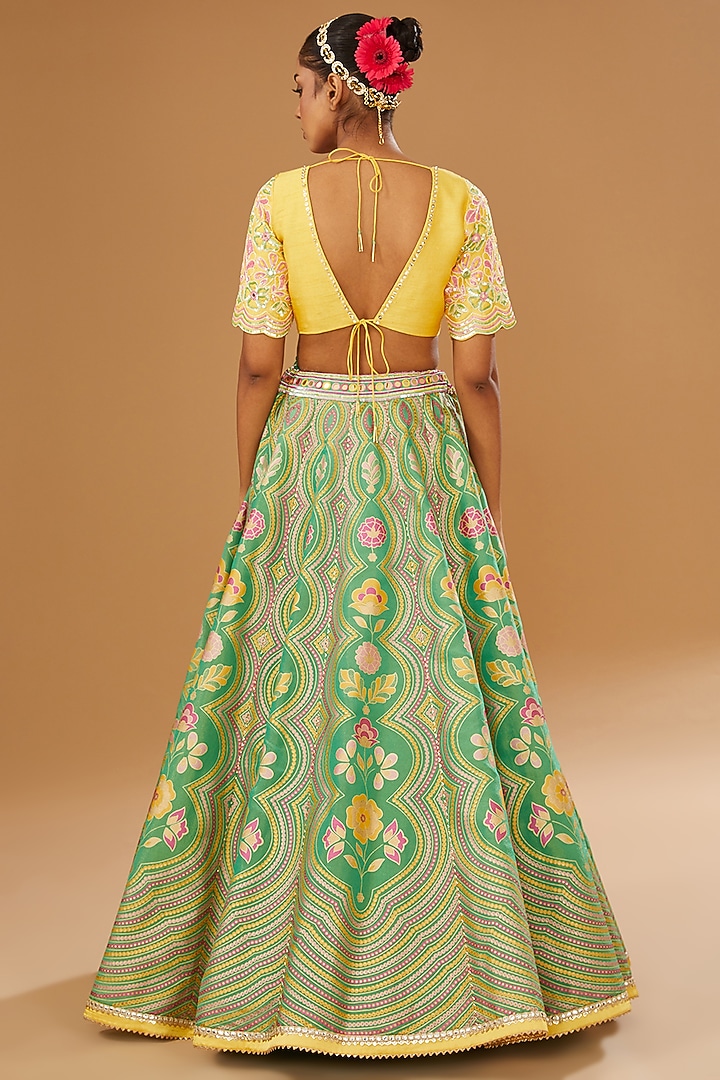 Green Silk Floral Hand Printed Wedding Lehenga Set by I AM DESIGN at Pernia's Pop Up Shop