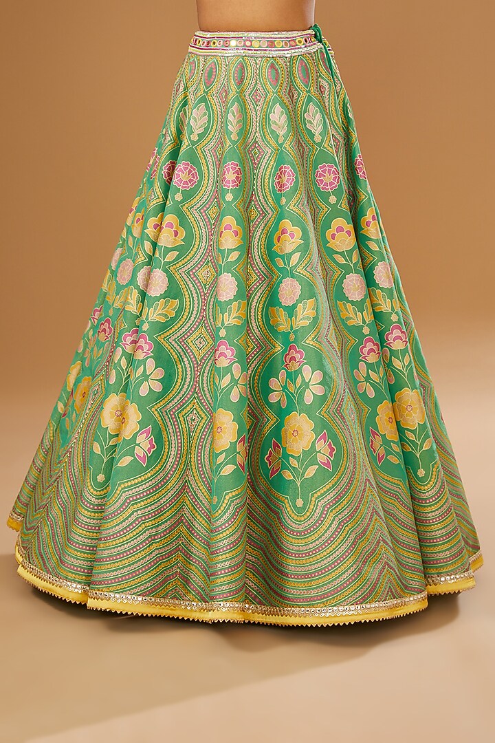 Green Silk Floral Hand Printed Wedding Lehenga Set by I AM DESIGN at Pernia's Pop Up Shop