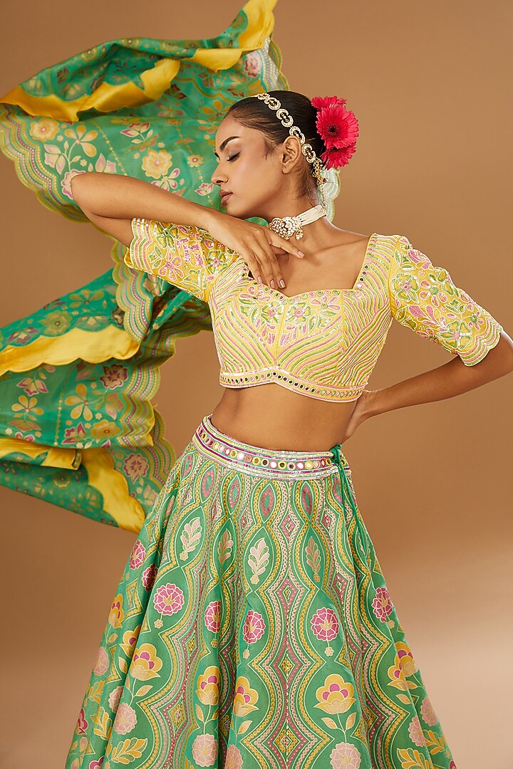 Green Silk Floral Hand Printed Wedding Lehenga Set by I AM DESIGN at Pernia's Pop Up Shop
