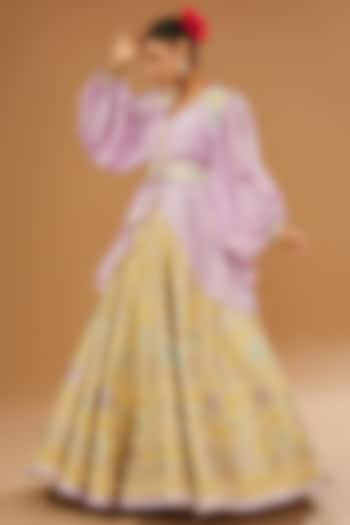 Gold Silk Floral Hand Printed Wedding Lehenga Set by I AM DESIGN at Pernia's Pop Up Shop