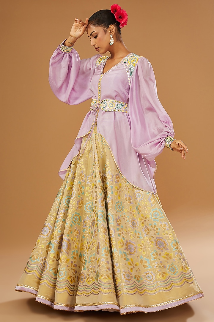 Gold Silk Floral Hand Printed Wedding Lehenga Set by I AM DESIGN at Pernia's Pop Up Shop