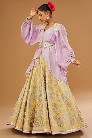 Gold Silk Floral Hand Printed Lehenga Set by I AM DESIGN