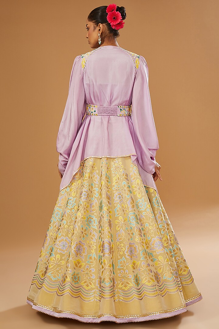 Gold Silk Floral Hand Printed Wedding Lehenga Set by I AM DESIGN at Pernia's Pop Up Shop