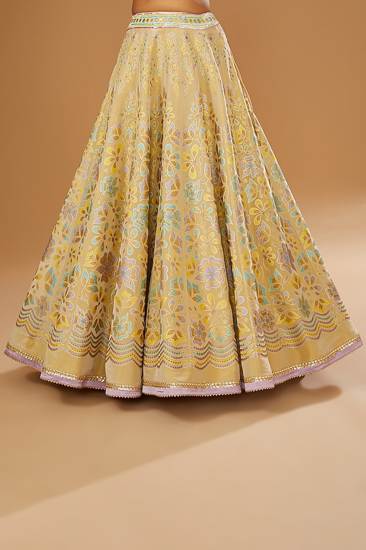 Gold Silk Floral Hand Printed Wedding Lehenga Set by I AM DESIGN at Pernia's Pop Up Shop