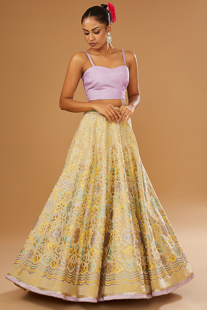 Gold Silk Floral Hand Printed Wedding Lehenga Set by I AM DESIGN at Pernia's Pop Up Shop