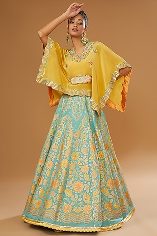 Mint Silk Floral Hand Printed Lehenga Set by I AM DESIGN
