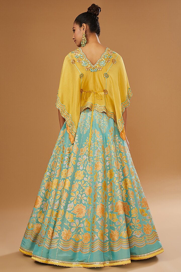 Mint Silk Floral Hand Printed Wedding Lehenga Set by I AM DESIGN at Pernia's Pop Up Shop