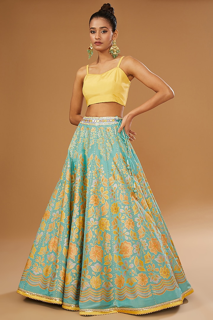 Mint Silk Floral Hand Printed Wedding Lehenga Set by I AM DESIGN at Pernia's Pop Up Shop