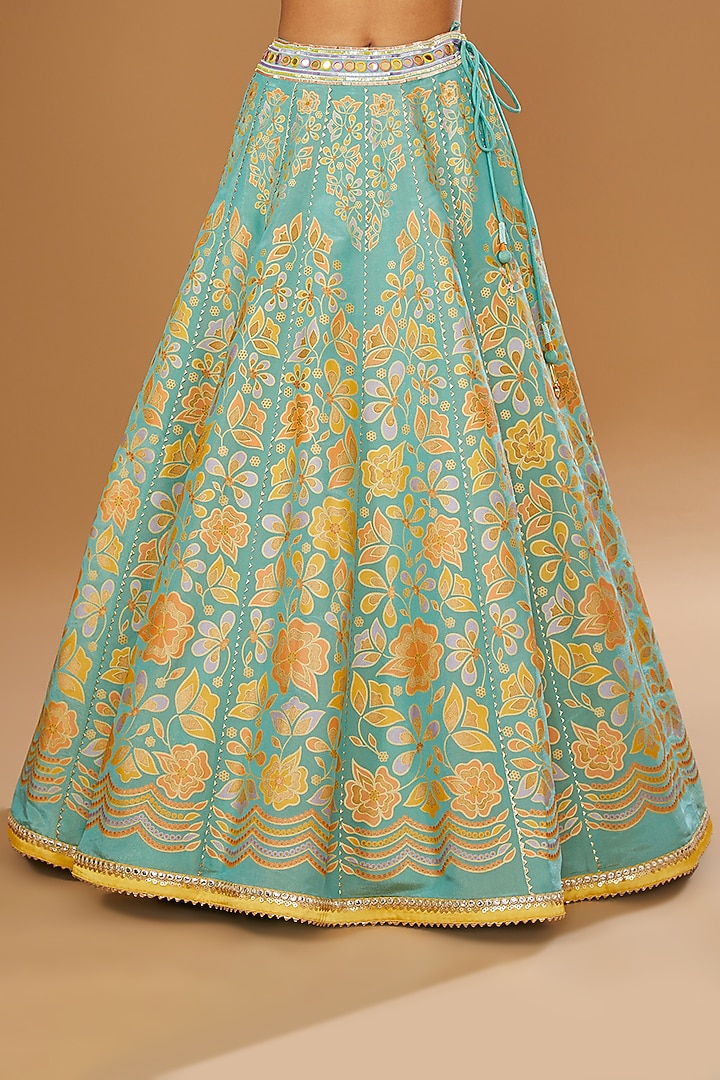 Mint Silk Floral Hand Printed Wedding Lehenga Set by I AM DESIGN at Pernia's Pop Up Shop