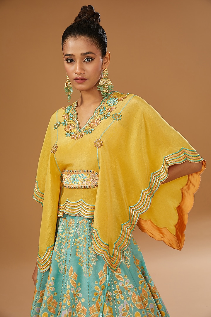 Mint Silk Floral Hand Printed Wedding Lehenga Set by I AM DESIGN at Pernia's Pop Up Shop