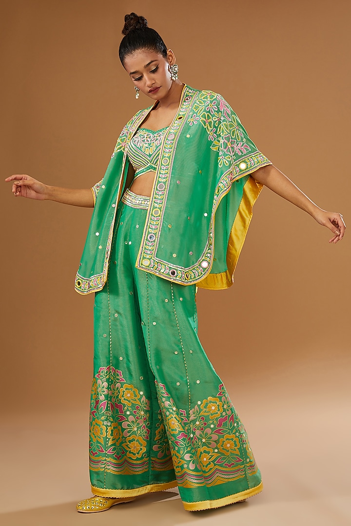 Green Silk Zari Blend Floral Hand Printed Sharara Set by I AM DESIGN at Pernia's Pop Up Shop