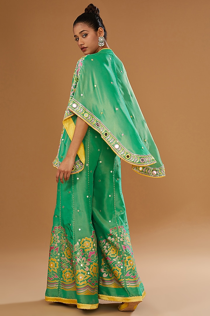 Green Silk Zari Blend Floral Hand Printed Wedding Sharara Set by I AM DESIGN at Pernia's Pop Up Shop