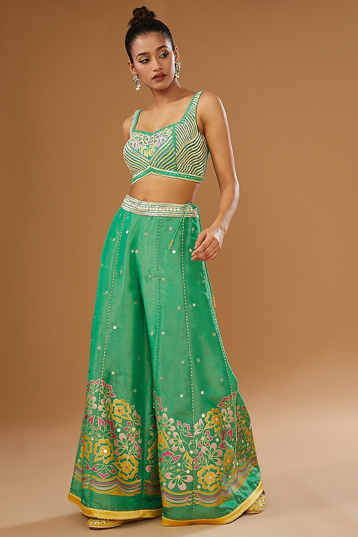 Green Silk Zari Blend Floral Hand Printed Wedding Sharara Set by I AM DESIGN at Pernia's Pop Up Shop