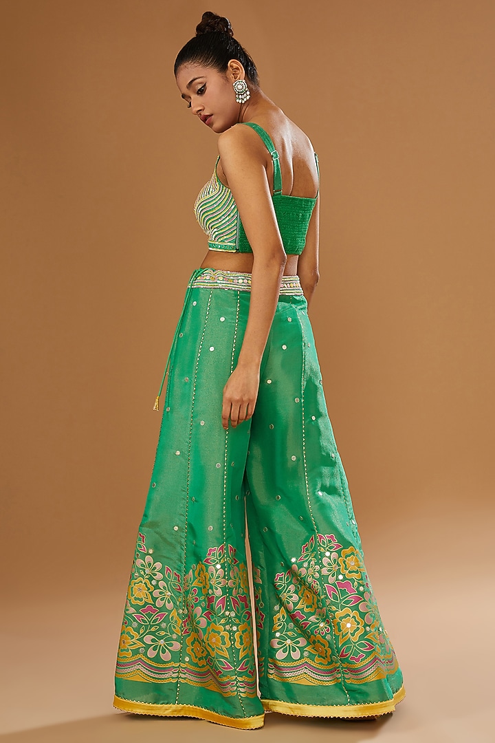 Green Silk Zari Blend Floral Hand Printed Wedding Sharara Set by I AM DESIGN at Pernia's Pop Up Shop