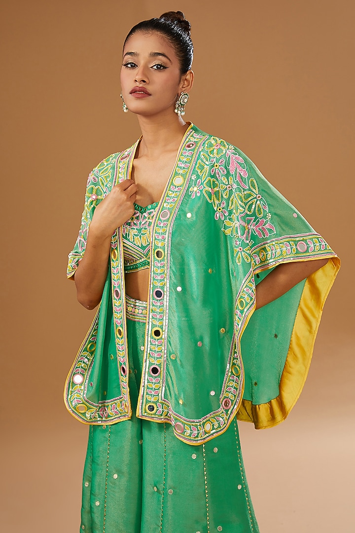 Green Silk Zari Blend Floral Hand Printed Wedding Sharara Set by I AM DESIGN at Pernia's Pop Up Shop