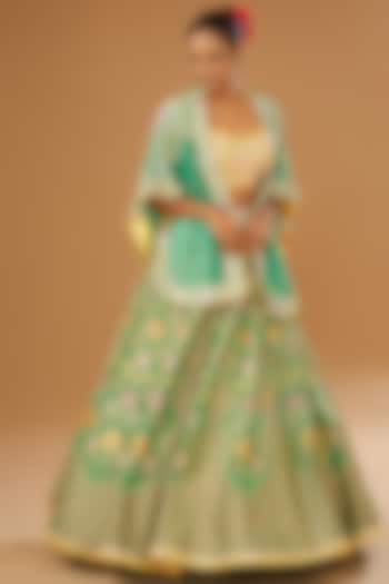 Green Silk Floral Hand Printed & Embellished Jacket Wedding Lehenga Set by I AM DESIGN at Pernia's Pop Up Shop