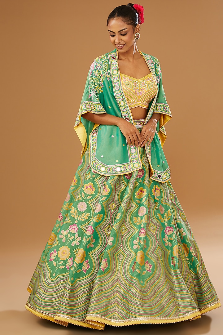 Green Silk Floral Hand Printed & Embellished Jacket Wedding Lehenga Set by I AM DESIGN at Pernia's Pop Up Shop