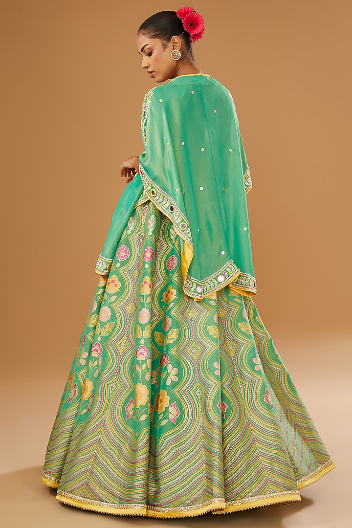 Green Silk Floral Hand Printed & Embellished Jacket Wedding Lehenga Set by I AM DESIGN at Pernia's Pop Up Shop