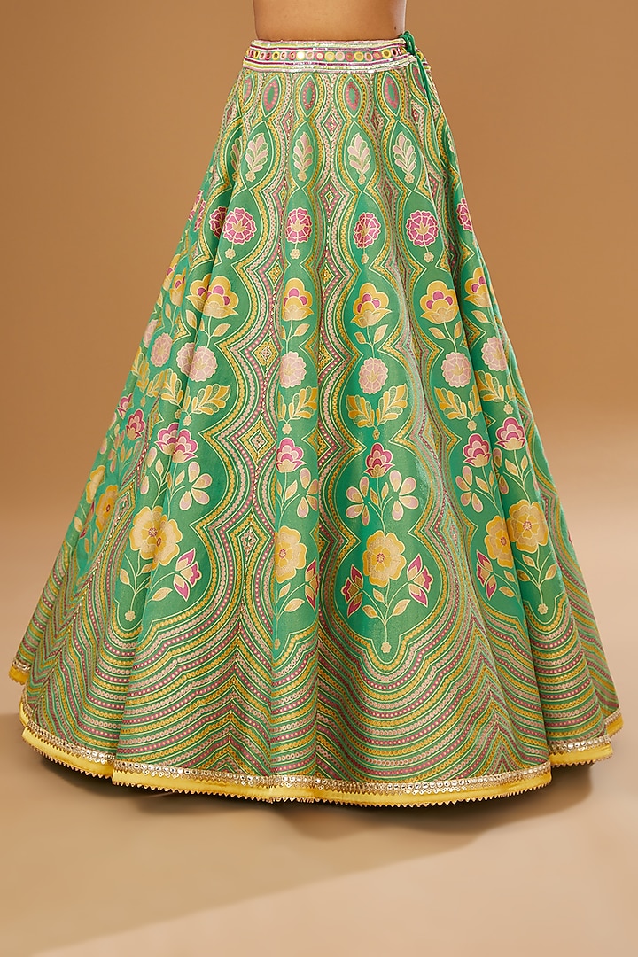 Green Silk Floral Hand Printed & Embellished Jacket Wedding Lehenga Set by I AM DESIGN at Pernia's Pop Up Shop