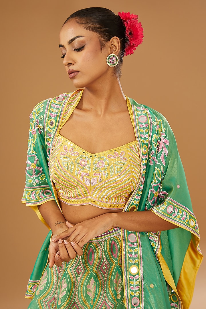 Green Silk Floral Hand Printed & Embellished Jacket Wedding Lehenga Set by I AM DESIGN at Pernia's Pop Up Shop
