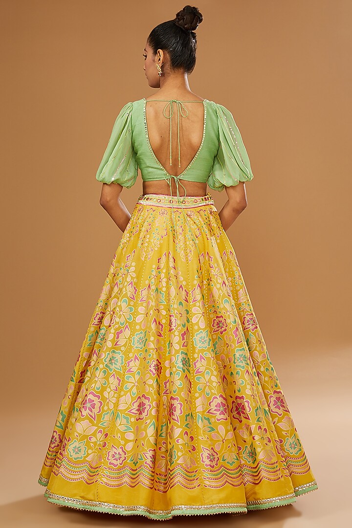 Mustard Silk Zari Floral Hand Printed Wedding Lehenga Set by I AM DESIGN at Pernia's Pop Up Shop