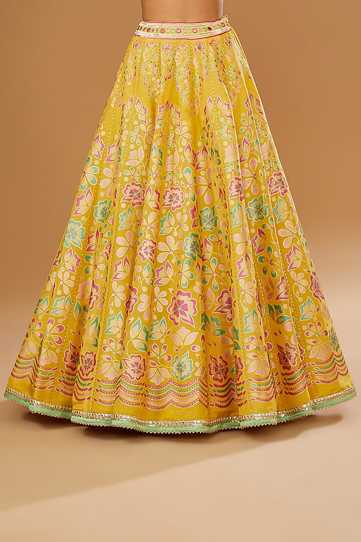 Mustard Silk Zari Floral Hand Printed Wedding Lehenga Set by I AM DESIGN at Pernia's Pop Up Shop