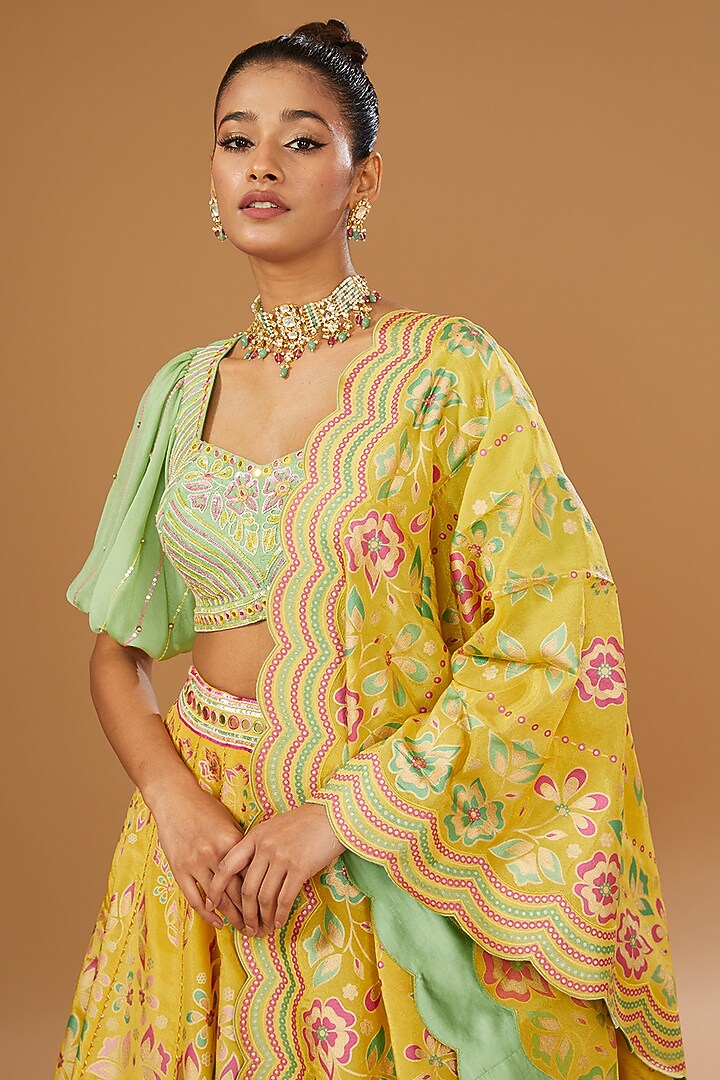 Mustard Silk Zari Floral Hand Printed Wedding Lehenga Set by I AM DESIGN at Pernia's Pop Up Shop