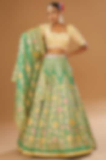 Green Silk Zari Floral Hand Printed Wedding Lehenga Set by I AM DESIGN at Pernia's Pop Up Shop
