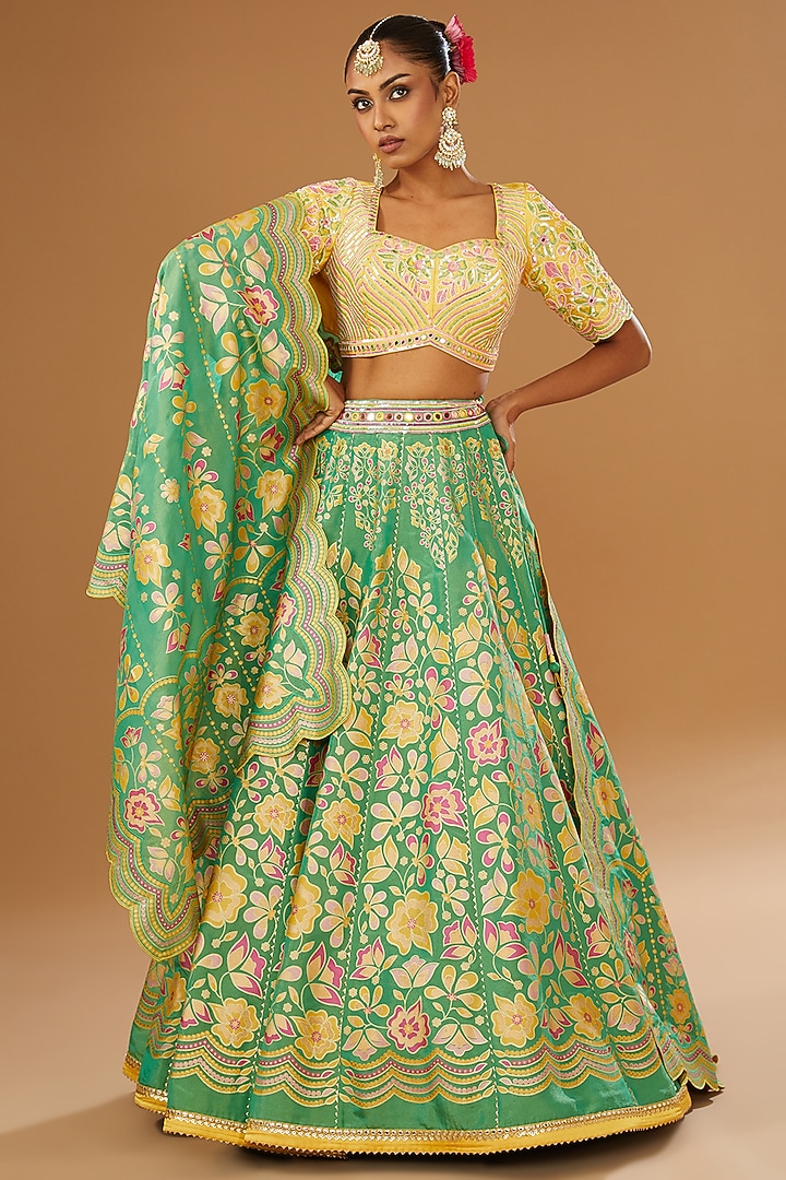 Green Silk Zari Floral Hand Printed Wedding Lehenga Set by I AM DESIGN at Pernia's Pop Up Shop