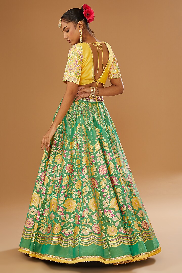 Green Silk Zari Floral Hand Printed Wedding Lehenga Set by I AM DESIGN at Pernia's Pop Up Shop