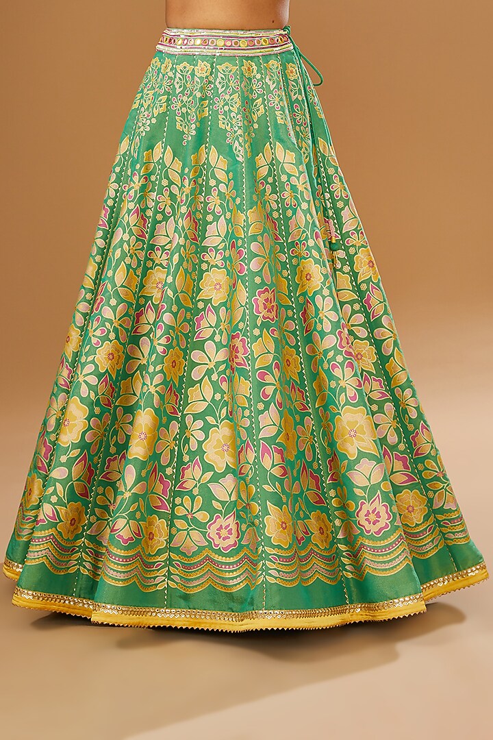 Green Silk Zari Floral Hand Printed Wedding Lehenga Set by I AM DESIGN at Pernia's Pop Up Shop