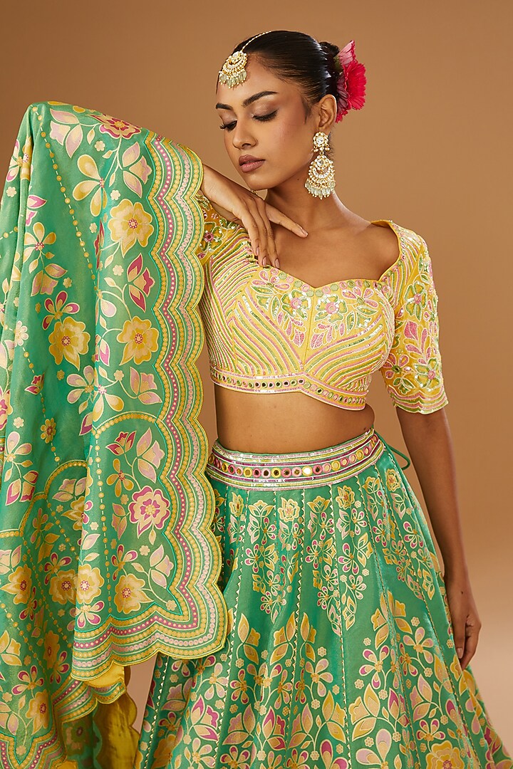 Green Silk Zari Floral Hand Printed Wedding Lehenga Set by I AM DESIGN at Pernia's Pop Up Shop