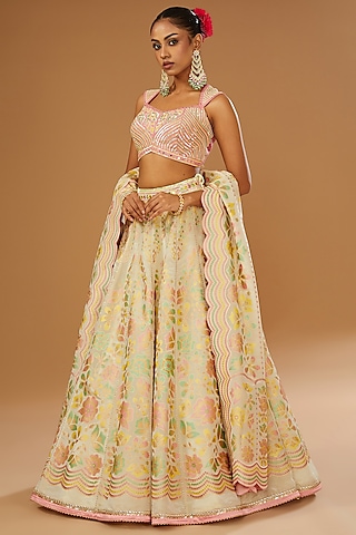 Ivory Silk Zari Floral Hand Printed Lehenga Set by I AM DESIGN
