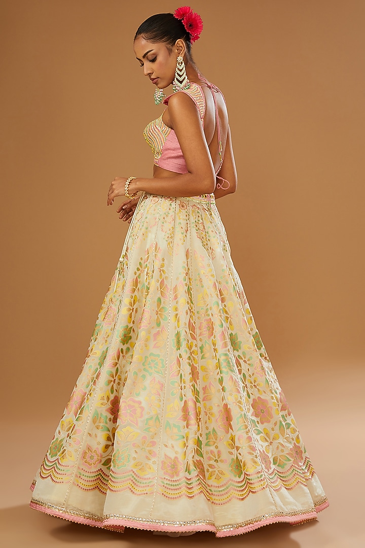 Ivory Silk Zari Floral Hand Printed Wedding Lehenga Set by I AM DESIGN at Pernia's Pop Up Shop