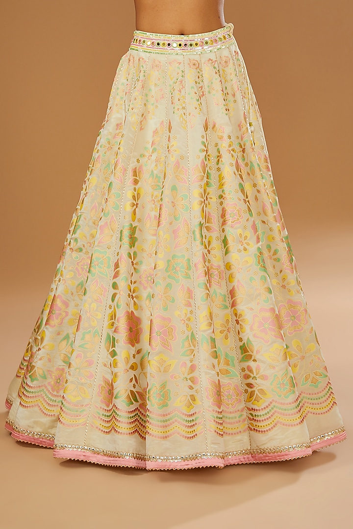 Ivory Silk Zari Floral Hand Printed Wedding Lehenga Set by I AM DESIGN at Pernia's Pop Up Shop