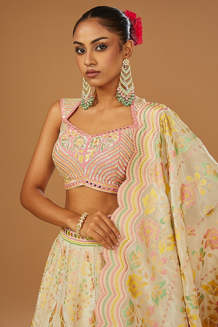 Ivory Silk Zari Floral Hand Printed Wedding Lehenga Set by I AM DESIGN at Pernia's Pop Up Shop