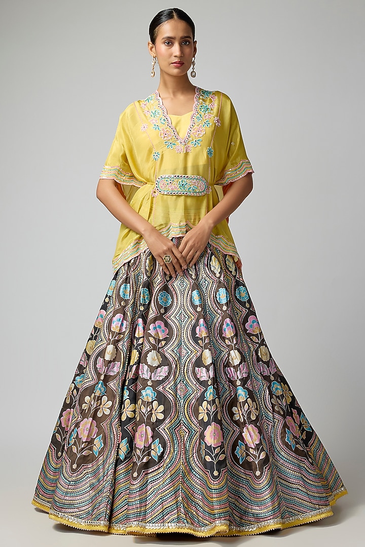 Black Silk Blend Floral Printed & Hand Embroidered Wedding Lehenga Set by I AM DESIGN at Pernia's Pop Up Shop