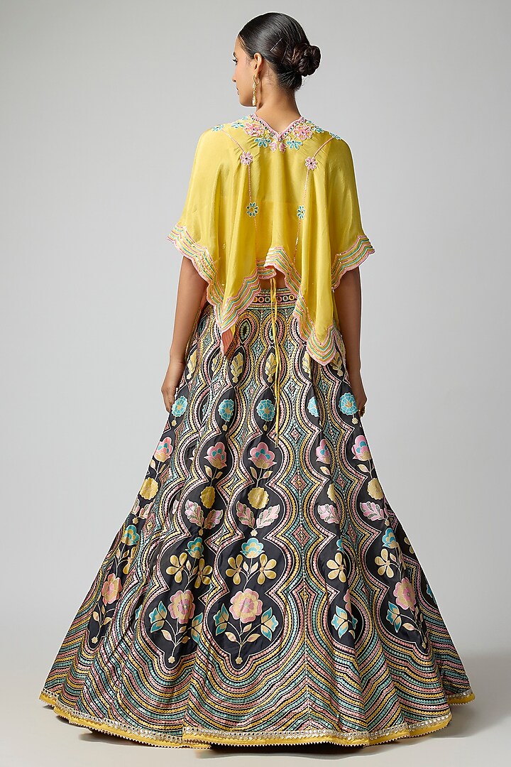 Black Silk Blend Floral Printed & Hand Embroidered Wedding Lehenga Set by I AM DESIGN at Pernia's Pop Up Shop
