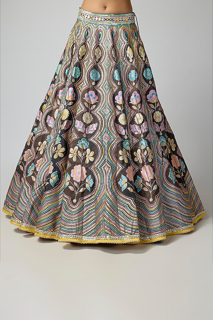 Black Silk Blend Floral Printed & Hand Embroidered Wedding Lehenga Set by I AM DESIGN at Pernia's Pop Up Shop