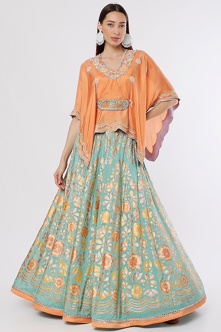 Mint Hand Embroidered & Printed Lehenga Set by I AM DESIGN