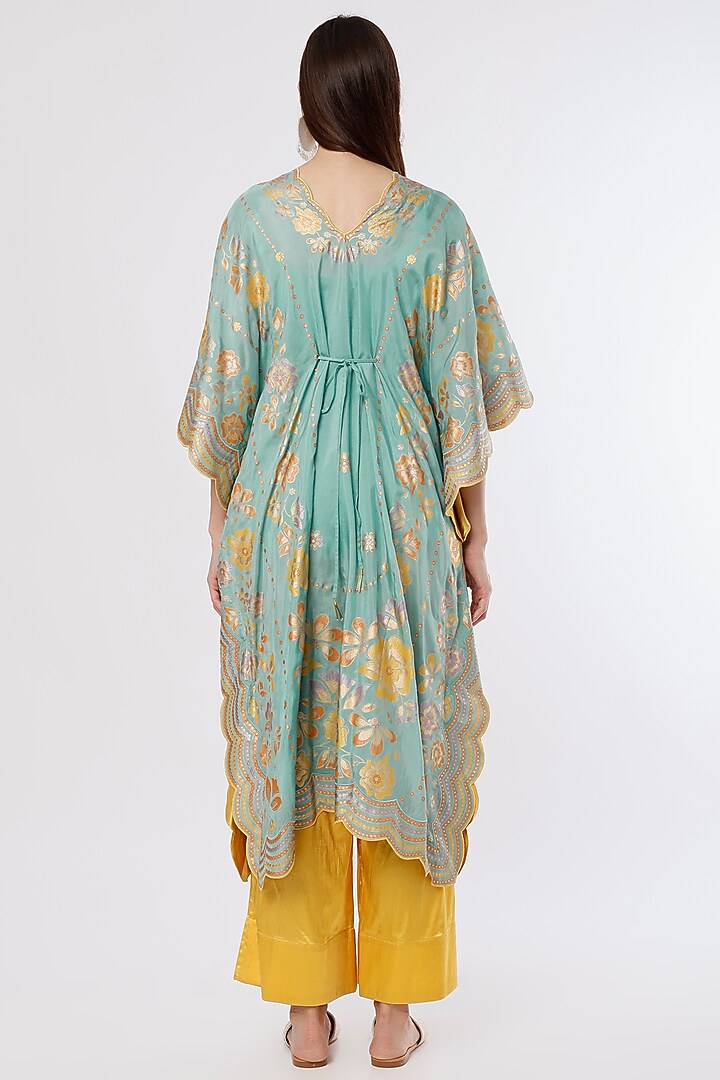 Mint Hand Embroidered & Printed Kaftan Set by I AM DESIGN at Pernia's Pop Up Shop